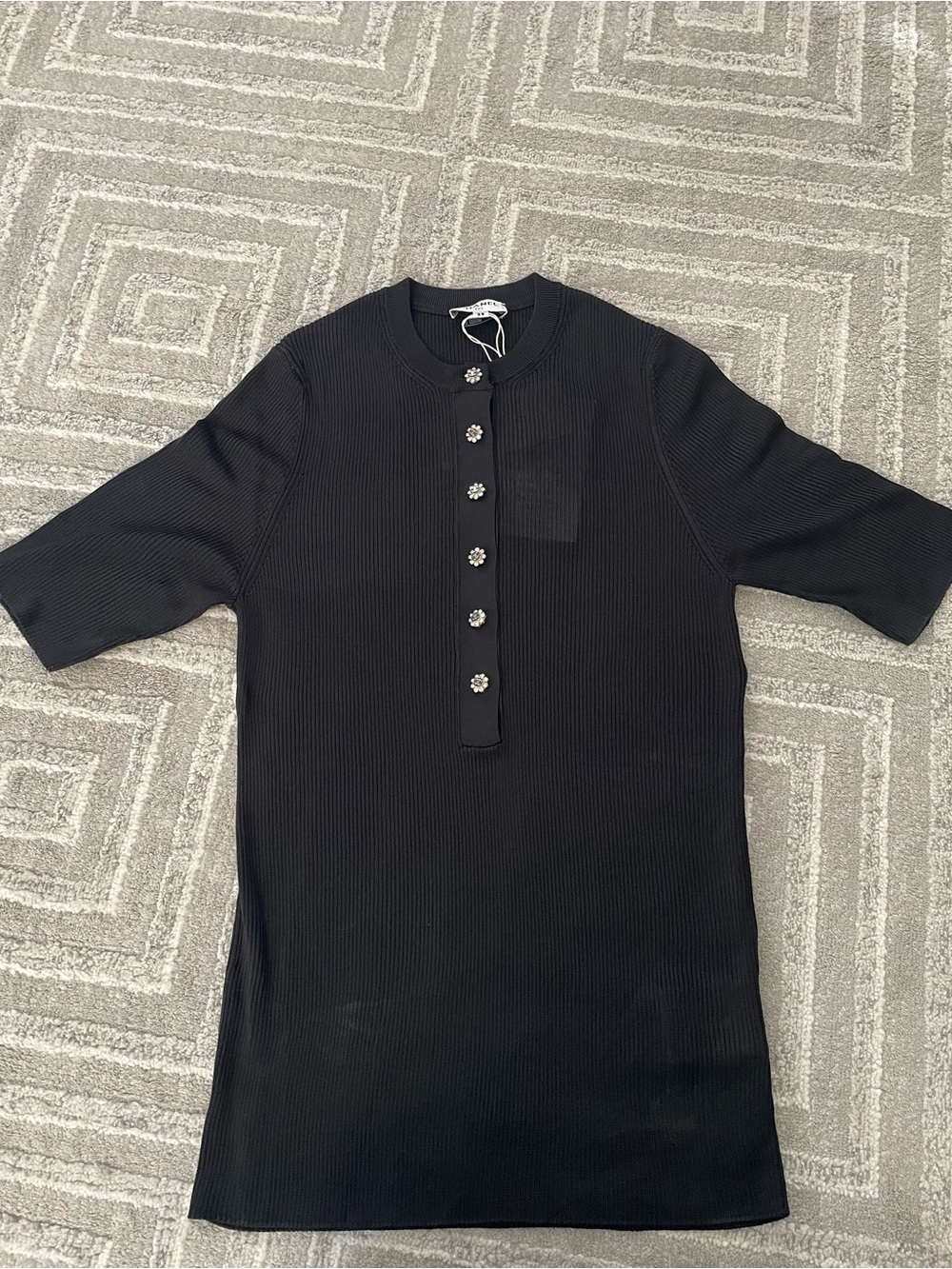 CHANEL Black Ribbed Short-Sleeve Henley with Decorative Crystal Buttons